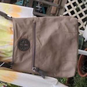 Tory Burch Beige Nylon Crossbody Bag Adjustable Strap Multi Interior Pockets